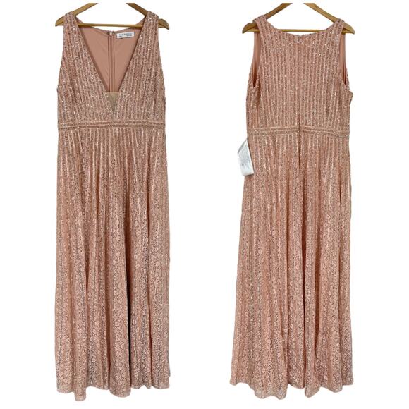 Mac Duggal NWT Sequined Sleeveless Plunge Neck Flowy Gown Rose Gold Size 16 - Picture 3 of 14